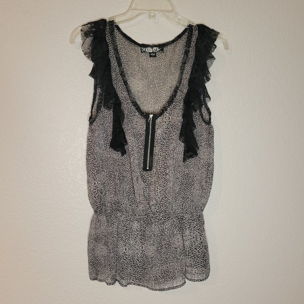 Guess Grey Leopard Sheer Short Sleeve Blouse